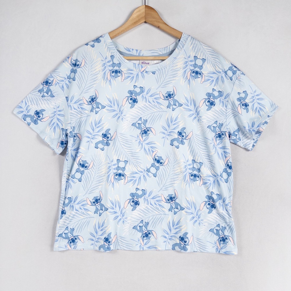 Disney Stitch T-Shirt Women's Large Light Blue Graphic Print Tropical Hawaiian
